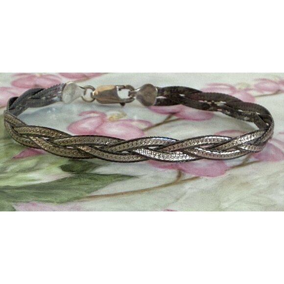 Vintage 80s Braided 925 Silver Herringbone Bracelet 7.5" - Picture 2 of 10